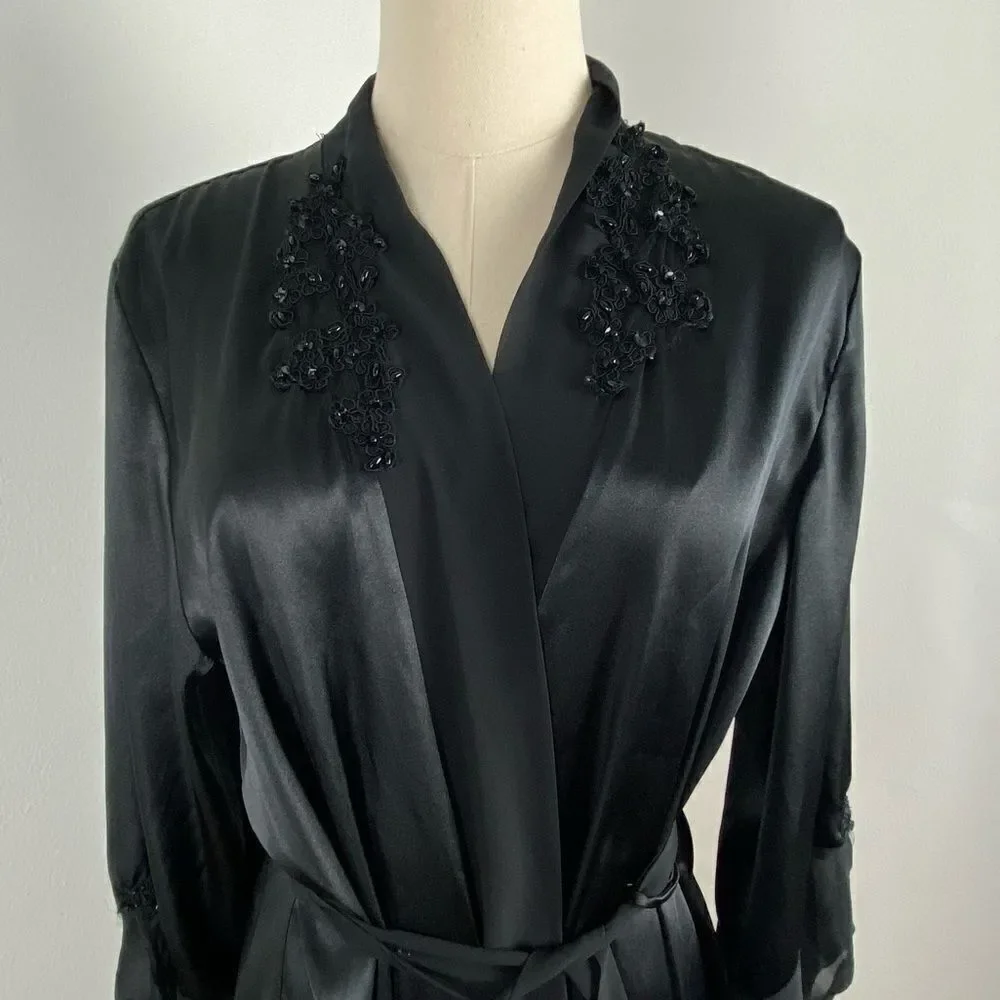 Vintage California Dynasty Womens Black Satin Maxi Robe Fairy  Whimsigoth‎ M - Picture 6 of 16